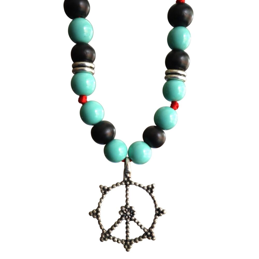 Vintage 90s Y2K Lucky Brand Peace Sign Pendant Choker Necklace Turquoise Beads